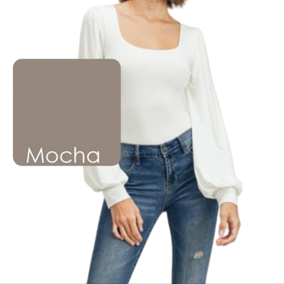 Women’s MOCHA Double Layer Square Neck Puff Sleeve Bodysuit NWOT (#0179) - Picture 1 of 2